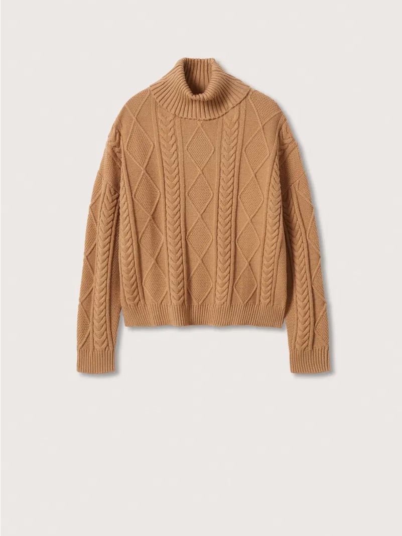 Mango Cable-Knit Turtleneck Sweater In Camel